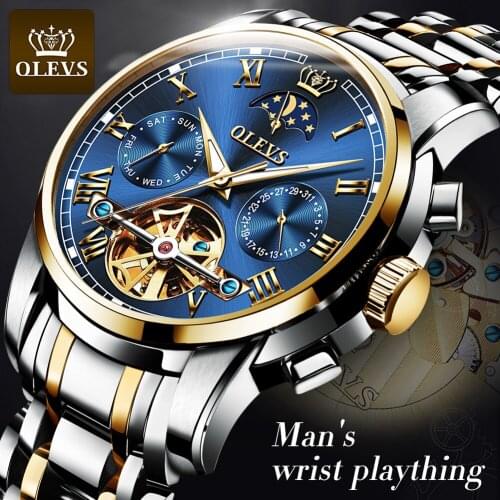 OLEVS Men Watch Automatic Mechanical Watch Top Brand Dress Luxury Waterproof Moon PhaseTourbillon Wristwatch Gifts for Male