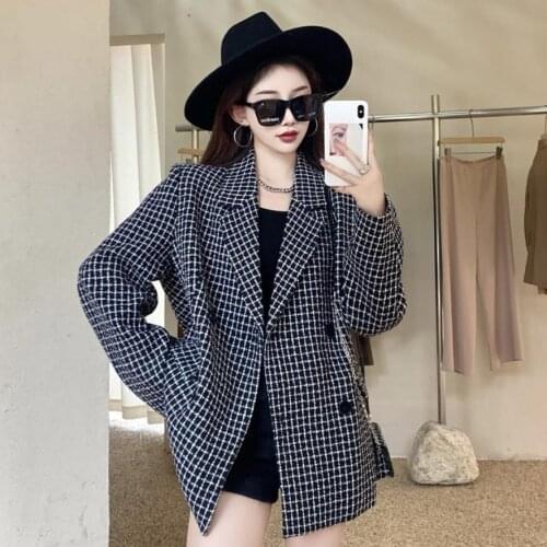 2021 Autumn Black And White Plaid Suit Coat Double Breasted Loose Blazers For Women Formal Work Wear Womans Clothes