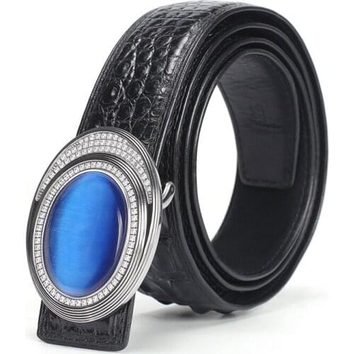 Authentic Real Crocodile Scales Skin Blue Diamond Steel Buckle Businessmen Waist Strap Belts Genuine Alligator Leather Male Belt