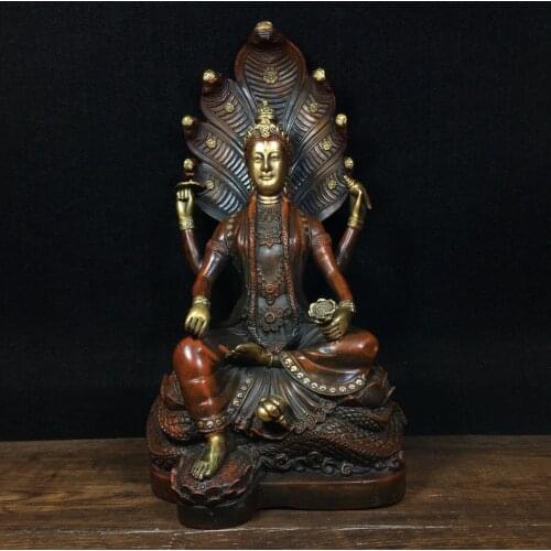 12"Tibet temple Old Bronze Gilt Real gold Nagarjuna Buddha Statue Water God The second generation of Sakyamuni Enshrine