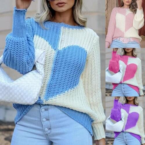 Sweater Popular Heart Pattern Round Neck Knitted Top Comfy Knitted Pullover Heart Pattern for Gathering
