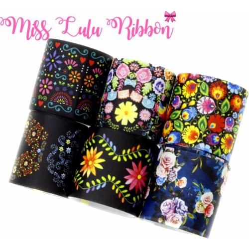 16mm-75mm Mexico Flower Printed Grosgrain/Foe Ribbon DIY Mexico National Day Hair Bowknots Making 50yards/roll