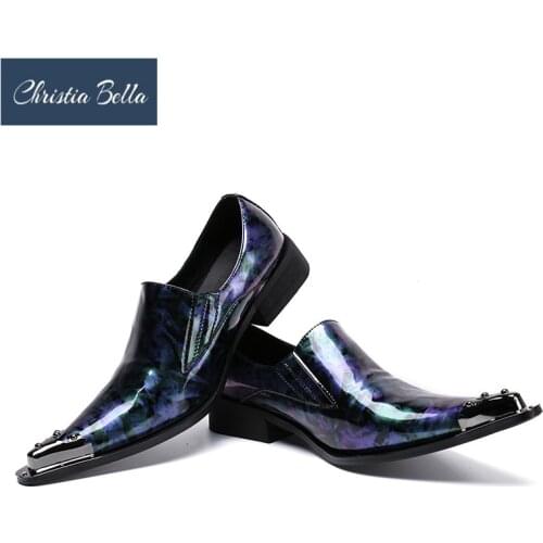 Christia Bella Italy Fashion Men Party Blue Wedding Handmade Loafers Men Shiny Patent Leather Men Dress Shoes Summer Slippers