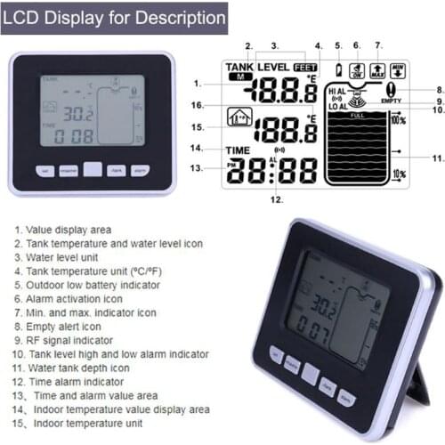 Ultrasonic Water Level Sensor Low battery Liquid Gauge with Liquid Thermometer Depth Indicator Time Alarm Transmitter J9K
