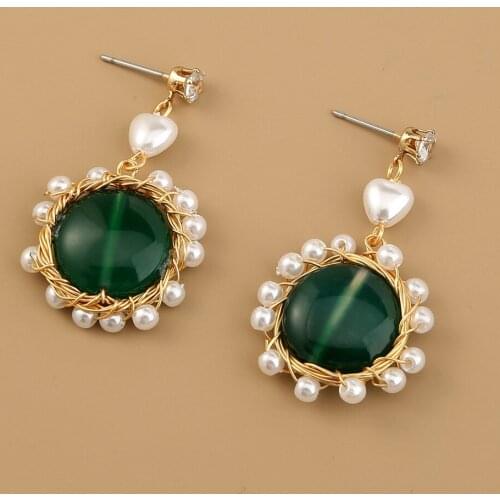 Baroque Pearl Dangle Earrings Women Round Natural Stone Pendant Eardrop Hand-woven Alloy Edge Fashion Luxury Jewelry Charms Gift