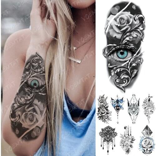 Waterproof Temporary Tattoo Sticker Blue Eyes Rose Snake Cat Sword Flash Tatto Buddha Mandala Body Art Arm Fake Tatoo Women Men