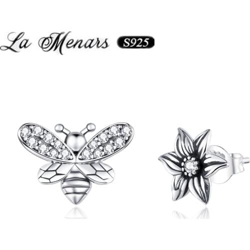 La Menars New Bee And Flower Stud Earrings For Women 2021 Original European Style Genuine 925 Sterling Silver Jewelry With CZ