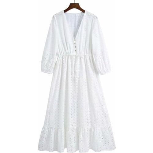 Elegant Casual Summer Midi Dress Women Hollow Out V-Neck Office Ruffles Clothes Blue Drawstring Vintage Party White Dresses