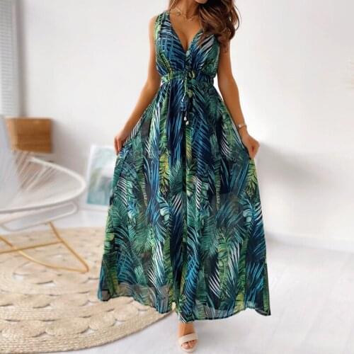 2021 New Summer Sleeveless Long Maxi Print Dress Women V Neck Beach Holiday Sundress Bohemian Female A Line Party Vestidos