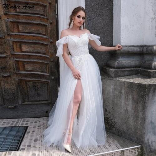 Magic Awn 2021 Off The Shoulder Wedding Dresses Boho For Women Lace Appliques Side Slit A-Line Wedding Party Gowns Lace-Up Back