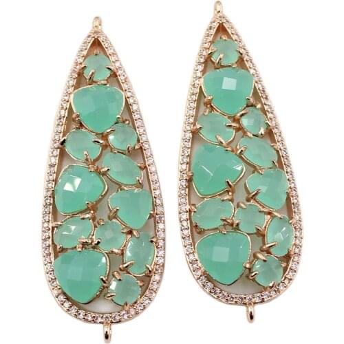 APDGG 2Pcs 19x54mm Green Jade Gold Plated Water drop Pendant Connector For Necklace Bracelet Earrings Jewelry DIY