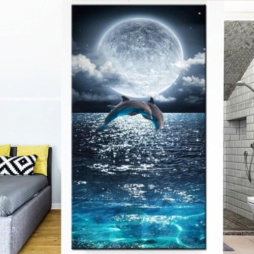 Large 5d diy paint by diamond bright moon diamond embroidery jumping dolphin full square round rhinestone mosaic painting decor