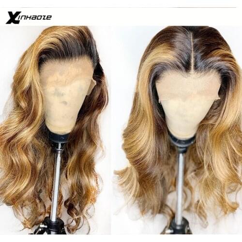 Honey Blonde Dark Roots Brazilian Human Hair 13x4 Lace Front Wig Ombre 1B 27 Lace Front Wigs Body Wave Pre Plucked Lace Wigs