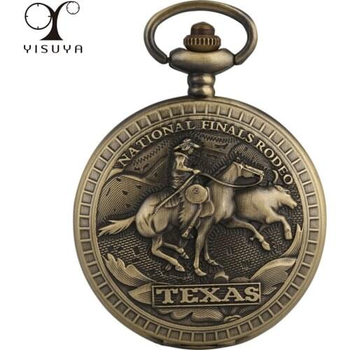 Bronze Texas Cowboys Design Quartz Full Hunter Pocket Watch Necklace Pendant Clock Vintage Accessory Gifts with Sweater Chain