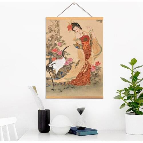 Canvas Home Decoration Japan Retro Poster Print Pictures Kimono Woman Wall Art Wooden Scroll Hanging Painting Bedside Background