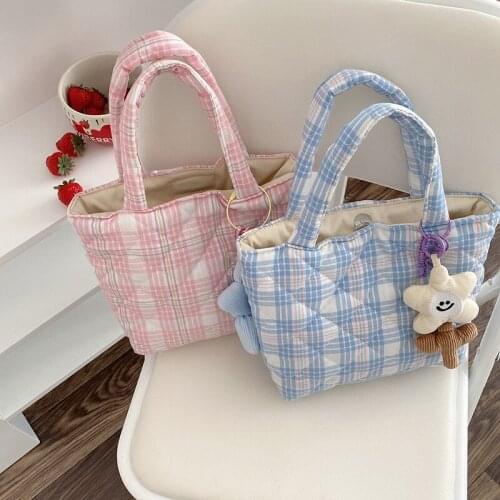 Yeqofcd Check Cotton Handbags Plaid Sweet Canvas Handbag Casual Shoulder Tote Bag For Women Girls