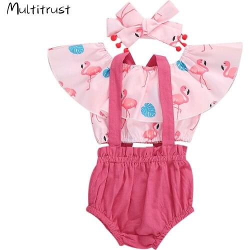 Infant Newborn Baby Girls 3Pcs Set Flamingo Crops Tops Ruffled Shirt +Overall Shorts +Headband Summer Sunsuits
