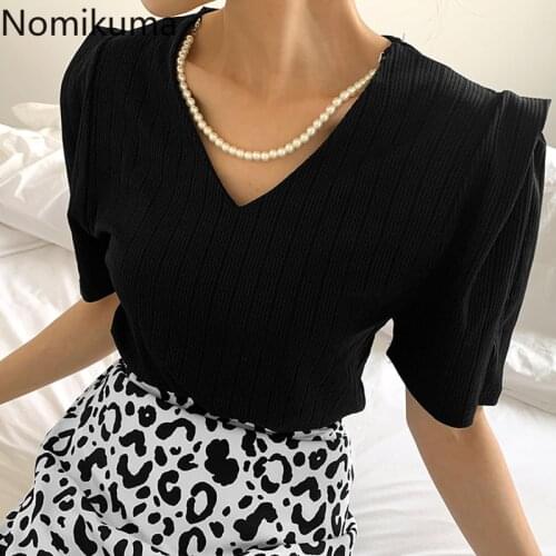 Nomikuma Korean Summer Chic Beads Chain V-neck Knitwear Causal Short Sleeve 2021 New Knitted Tops Women Fashion Sweaters 6J483