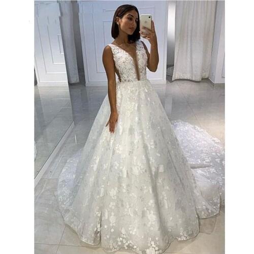 Full Lace Wedding Dresses Illusion Deep V Neck Open Backless A Line Luxury Design Bridal Gowns Long Trail Vestido De Noiva