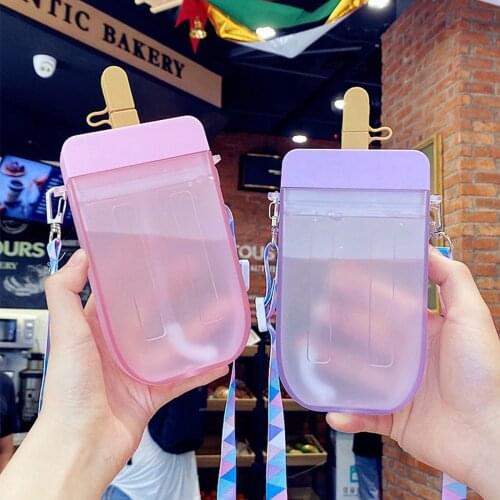 Cute Water Bottle with Straws Kawaii Popsicle Water Cup Outdoor Juice Drinking Plastic Kettle for Adult Children with Rope