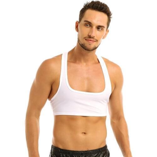 Mens Wetlook Hot Tank Top Deep U Neckline Sleeveless Vest Tee Y Back Muscle Half Slim T-shirts Clubwear Stage Costume Crop Tops
