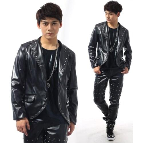 Men leather suits designs masculino homme terno stage costumes for singers men blazer dance rivets clothes jacket punk black