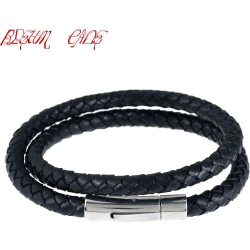 Rock Style Genuine Leather Men Bracelet Bangle Black Titanium Bracelet Fashion Charm Bracelet with Delicate Clasp