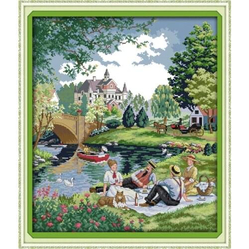 A Picnic in the Suburbs Scenery Cotton Cross stitch kits 11CT Accurate Printed Embroidery DIY Handmade Needlework Home Decor