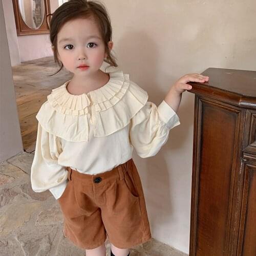 2021 New Autumn Baby Girls Ruched Collar Shirts Korean Style Toddlers Kids Solid Color Blouses Children Cute Tops