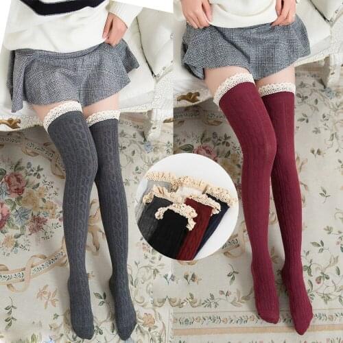 New Women Winter Cable Knit Over Knee Long Boot Thigh-High Warm Stockings Lace Leggings