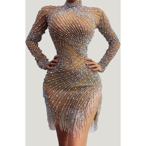 New High Neck Outfit bar Dresses women party Outfit Birthday dj stage Rhinestones Elegant Club Spandex Celebrity Dress