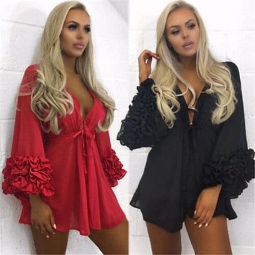 Sexy Mesh Beach Mini Dress Women Bikini Bathing Suit Cover Ups Long Puff Sleeve Sarong Beach Wear Pareo Tunic Robe