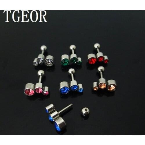 Hot 1 Pair 1.2*6*4/(2*3*4)mm surgical Stainless Steel 3 crystals mixed colors ear tragus piercing earring