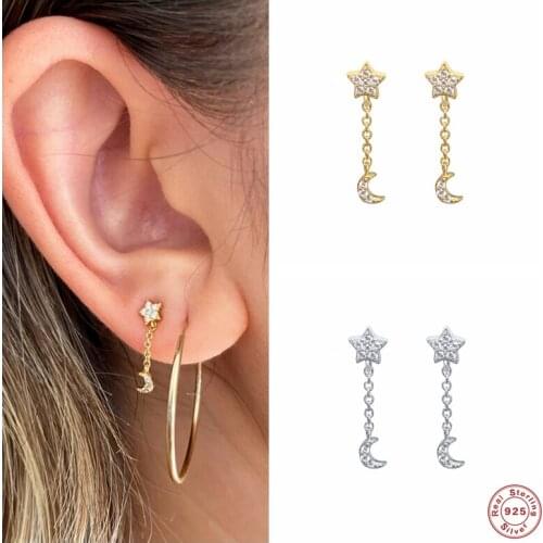 Aide 925 Sterling Silver Crystal Star Moon Pendant Drop Earrings For Women Small Chain Tassel Dangle Earrings Fine Jewelry Gift