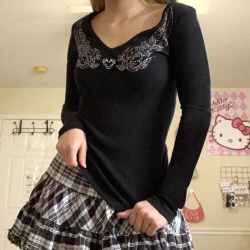 Rhinestone E-girl Tops Streetwear Wing Long Sleeve T-shirts Mall Goth Y2K Print V-neck Ribbed Black Grunge Tees Crop Top