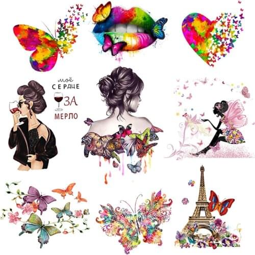 Fashion Girl Thermo Stickers On Clothes Lips Butterfly Iron On Transfer For Clothing Heat Transfer Patches Stripe Applique Decor