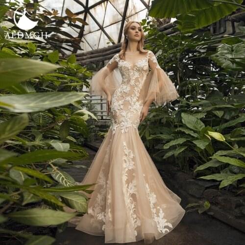Aedmgh Mermaid Wedding Dresses 2021 Sweetheart Ruffles Long Sleeve Vestido De Novia Lace Appliques Sheath Chic Robe De Mariee