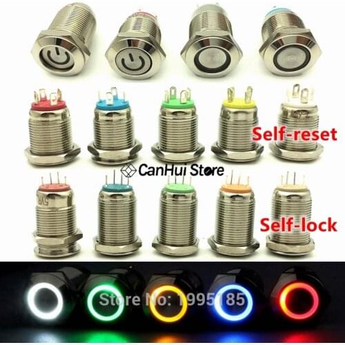 1pc 12mm Metal Push Button Switch Flat Head Ring/Power LOGO 3-6-12-110-220V Self-reset Momentary/locking Waterproof Car Auto Eng