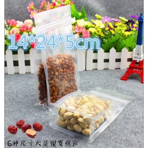 14*24*5cm 50Pcs/Lot Stand Up Clear Poly Zipper Flat Bottom Organ Bags For Bean Red Dates Package Heat Seal Valve Packing Bags