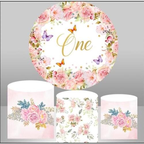 Butterflies Round Photography Background Baby Shower Cylinder Cover Elastic Fabric Newborn 1 Year Girl Birthday Party Decor