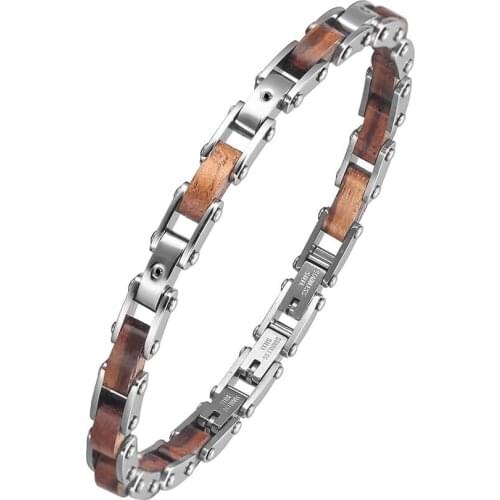 Runda Men Women Wood Bracelet Stainless Steel Stone Elements Bracelets Jewelry Male Female Wrist Hand Chain for Casual Party