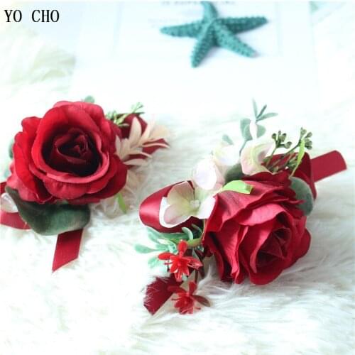 YO CHO Boutonniere Artificial Flower Wrist Corsage Wedding Silk Red Rose Girl Bracelet Groom Brooch Pins Wedding Boutonniere