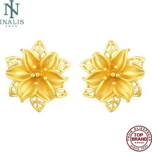 INALIS Golden Stud Earrings For Women Hollow Leaf Flowers Design Female Earring Classic Style Wedding Engagement Fashion Jewelry
