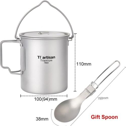 NEWEST Titanium 750ml Pot with Bail Handle Camping Cookware Pot with foldable Spoon set for Outdoor Backpacking BBQ Open Fire
