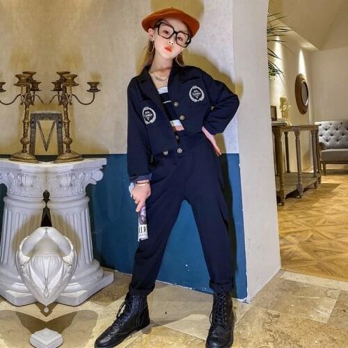 Autumn New In Kids Suit Sets Two-pieces Outfits for Teenage Girls Black Coats Pants Leisure suit Child Clothes 10 11 12 14 Years