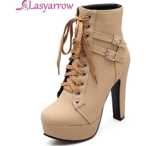 Lasyarrow Plus Size 30-50 Ankle Boots For Women Platform High Heels Female Lace Up Shoes Woman Buckle Short Boot Casual Footwear