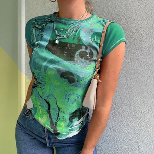 Hand-Painted Green Printed Summer Short Sleeve Womens T-Shirt For Girls Y2k Crop Top Fashion 2021Chic Casual Tie Dye Tee Shirt