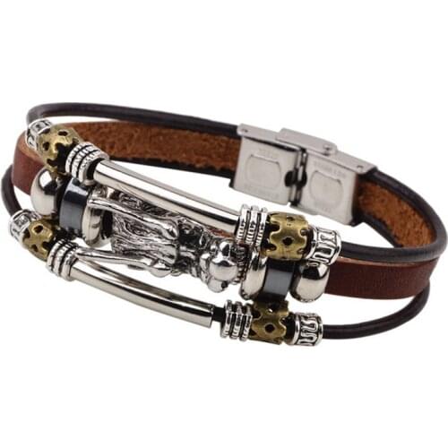 Hot Tibetan Silver Platedmen leather bracelet fashion vintage parataxis dragon Multilayer bracelet lederen armband bracelet man
