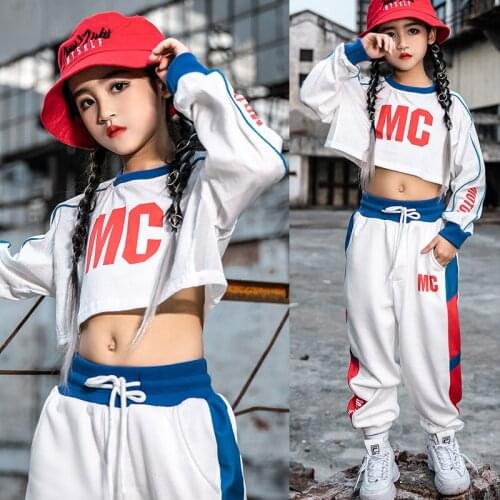 Newest Hip Hop Dance Costume Kids Street Clothes For Girls Jazz Dance Tops Children Sport Clothing White Hip Hop Pants VDB1225