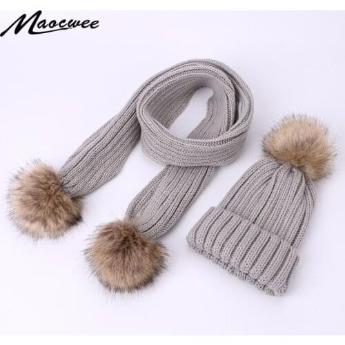 Autumn Winter Warm Scarf Hat Set Children Adult Beanies PomPon Knitted Unisex Solid Color Skullies Hats Synthetic Fur Pompom
